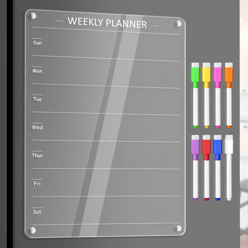 OORAII Acrylic Weekly Planner Board Meal Planner Magnetic Menu Board for Kitchen Fridge w/ 8 Markers  Clear Weekly Calendar Planning Dry Erase Board Noteboard to Do Grocery Shopping List  12x9 - Image 1